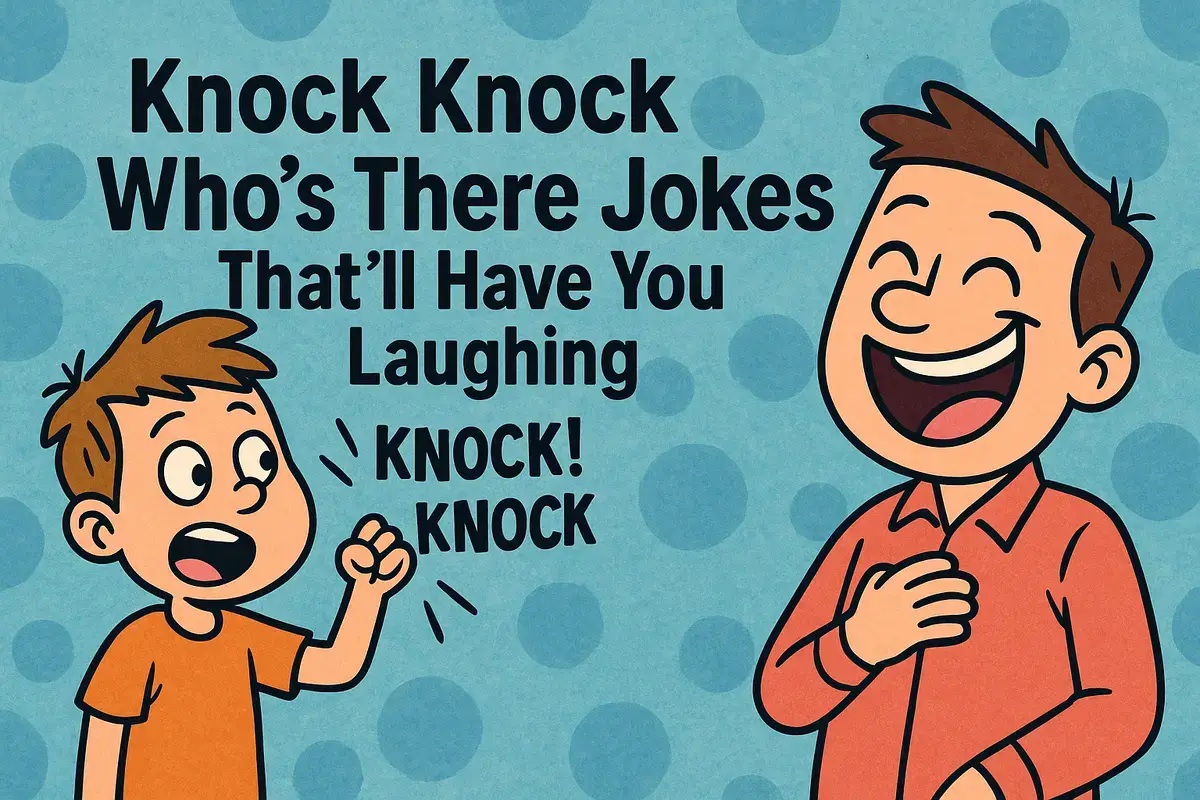 Cartoon of boy telling Knock Knock Whos There Jokes to laughing man