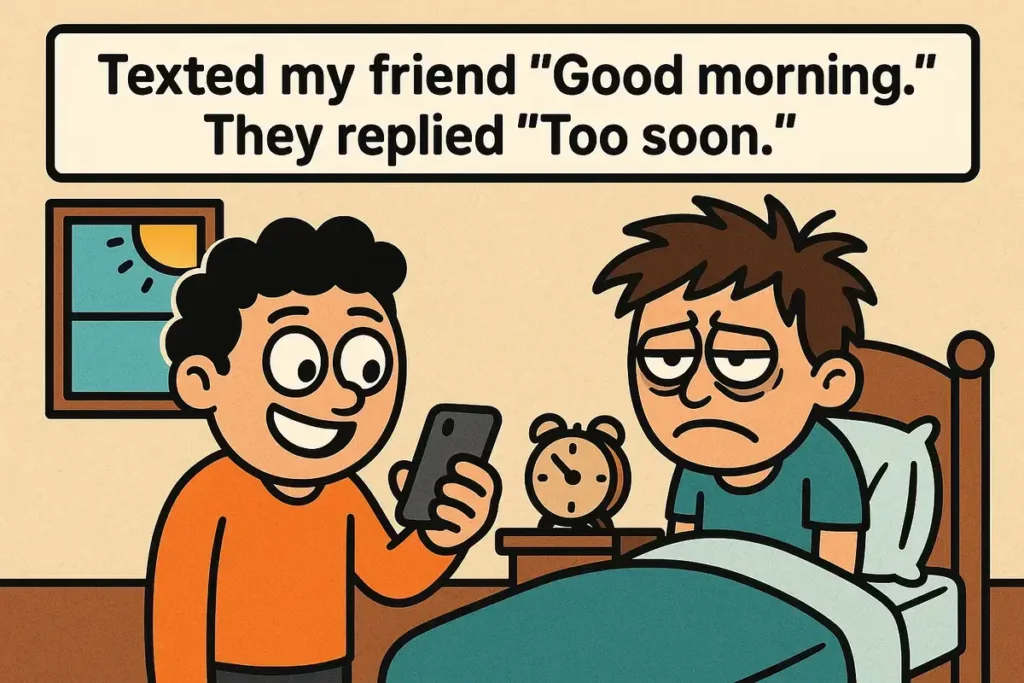 Cartoon of funny good morning joke with sleepy friend, laughing good morning jokes