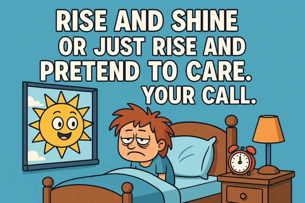 Cartoon character in bed with funny text for laughing good morning jokes