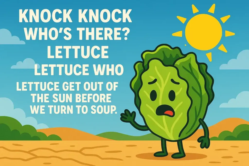Cartoon lettuce telling knock knock joke in sun
