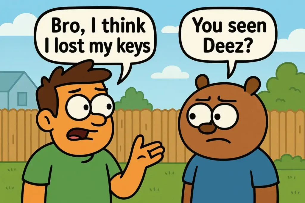 Cartoon friends joke about lost keys and “Deez” pun