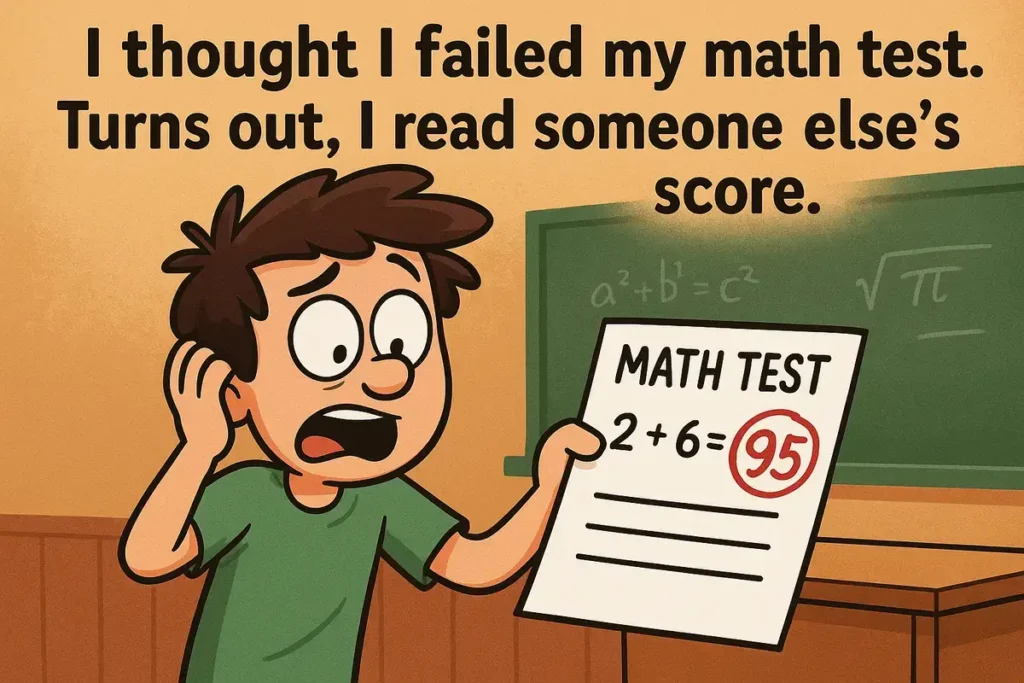 Funny cartoon student reading wrong score, best myopia jokes