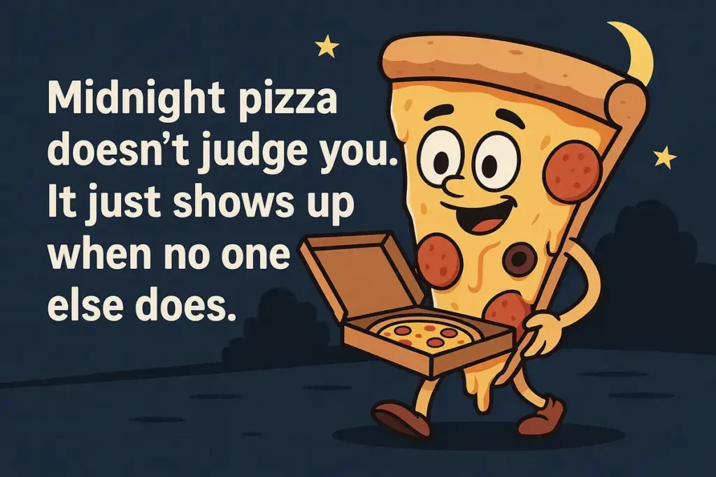 Funny cartoon slice with pizza box under moonlight