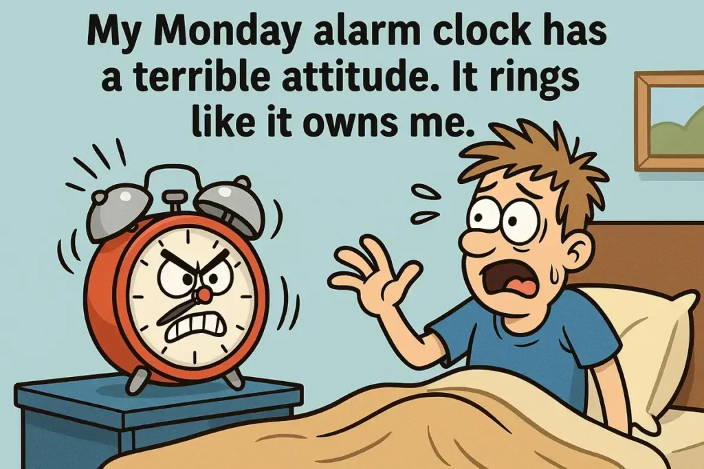 Angry alarm clock cartoon with man waking up in panic