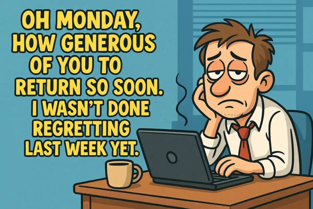 Tired cartoon man at desk with coffee and laptop, funny text about Monday blues, Monday Jokes