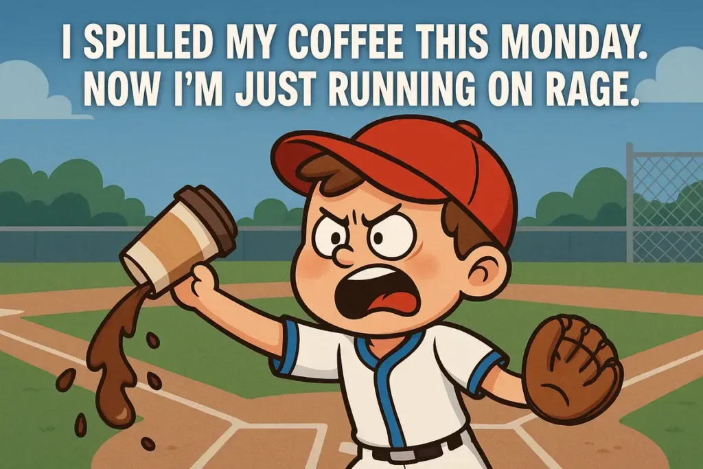 Angry cartoon kid spills coffee on field – monday jokes for work