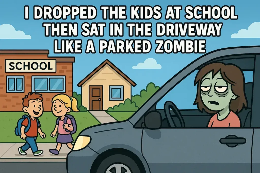 Tired cartoon mom in car like a parked zombie after school run