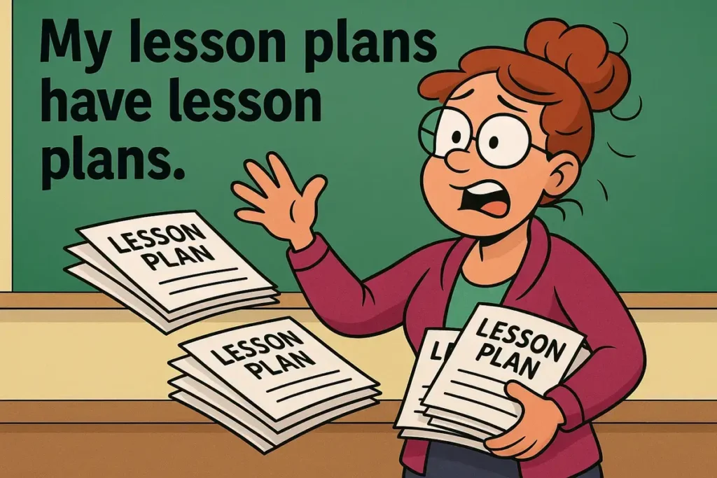 Overwhelmed teacher cartoon holding lesson plans — teacher jokes