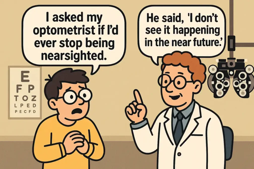 Cartoon of optometrist delivering one of the best myopia jokes to a nearsighted patient.