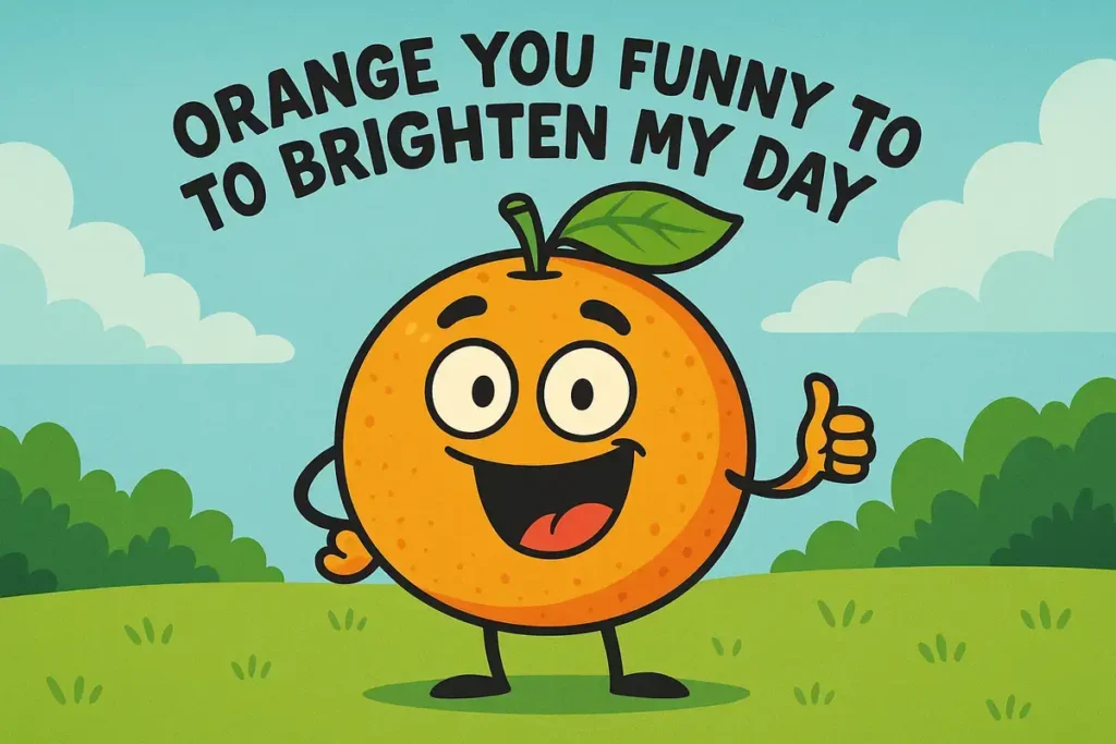 Funny cartoon orange saying “Orange you funny enough to brighten my day”