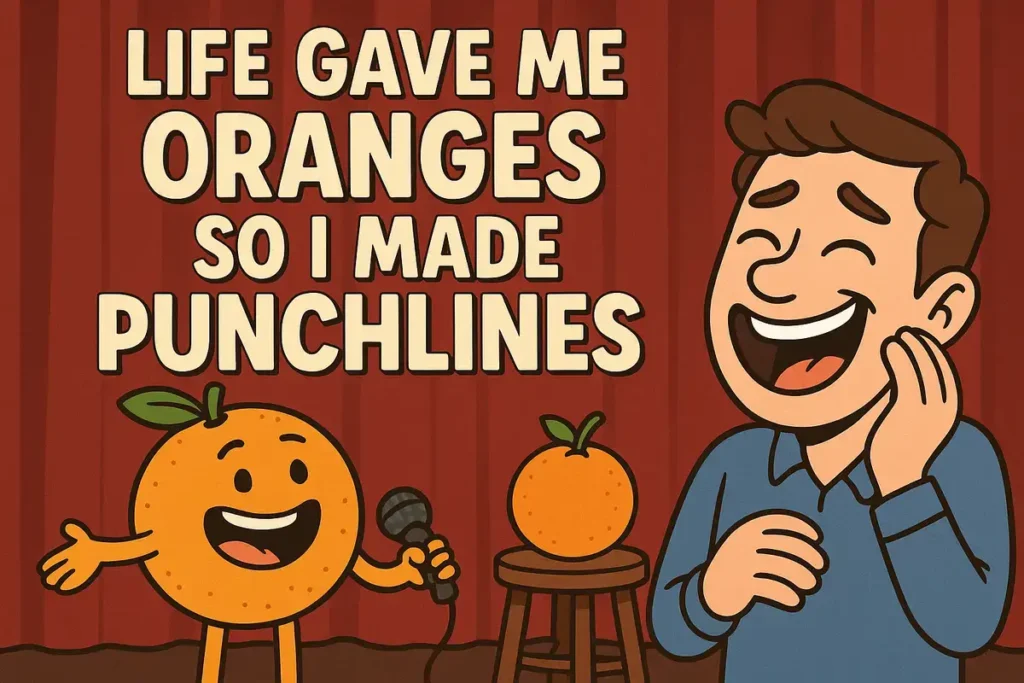cartoon orange on stage telling 'orange you glad jokes' punchline