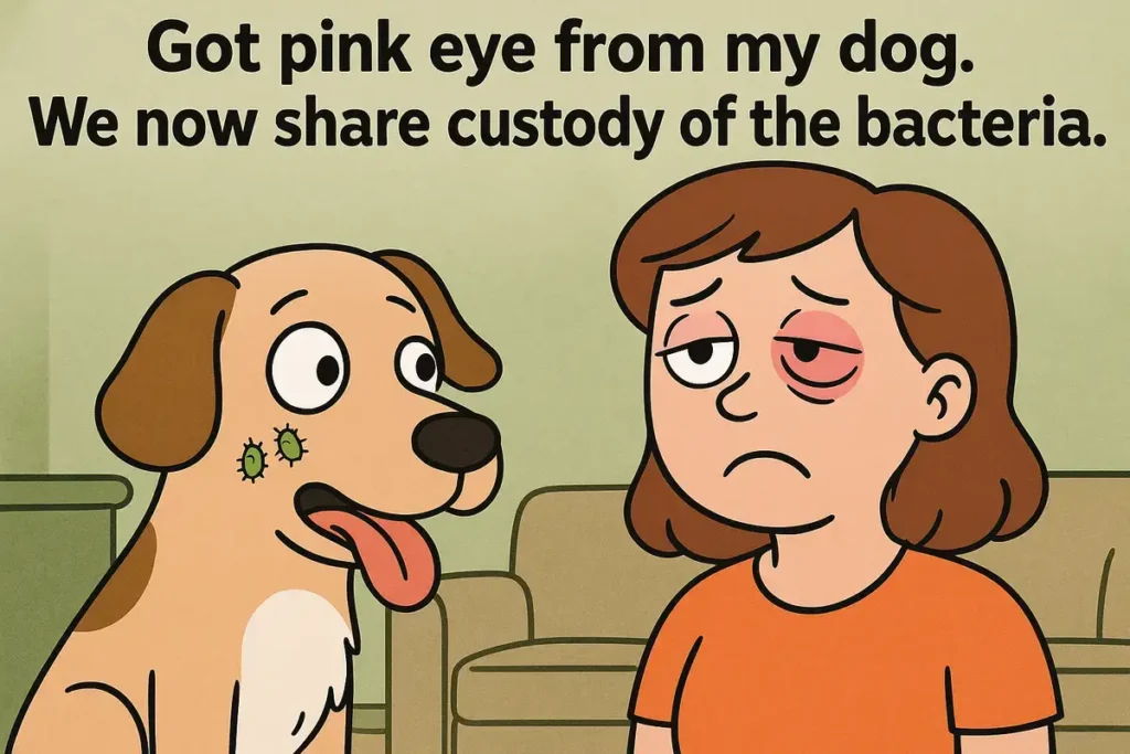 Funny cartoon of woman and dog sharing pink eye for doctor eye jokes