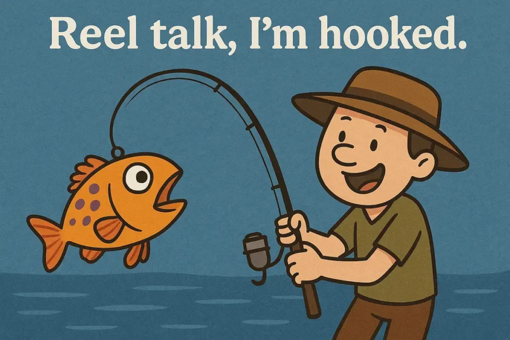 Cartoon fisherman reeling fish with quote "Reel talk, I’m hooked" – best fishing jokes