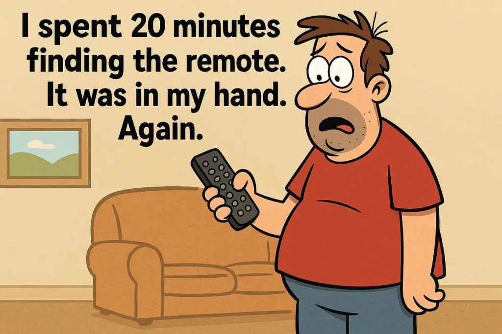 Cartoon man realizes remote was in hand, best straight jokes no chaser