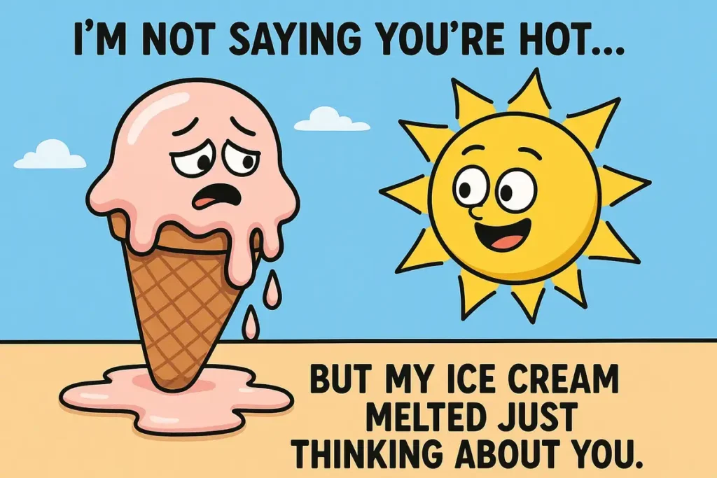 Cartoon ice cream melting under a smiling sun with funny rizz joke text