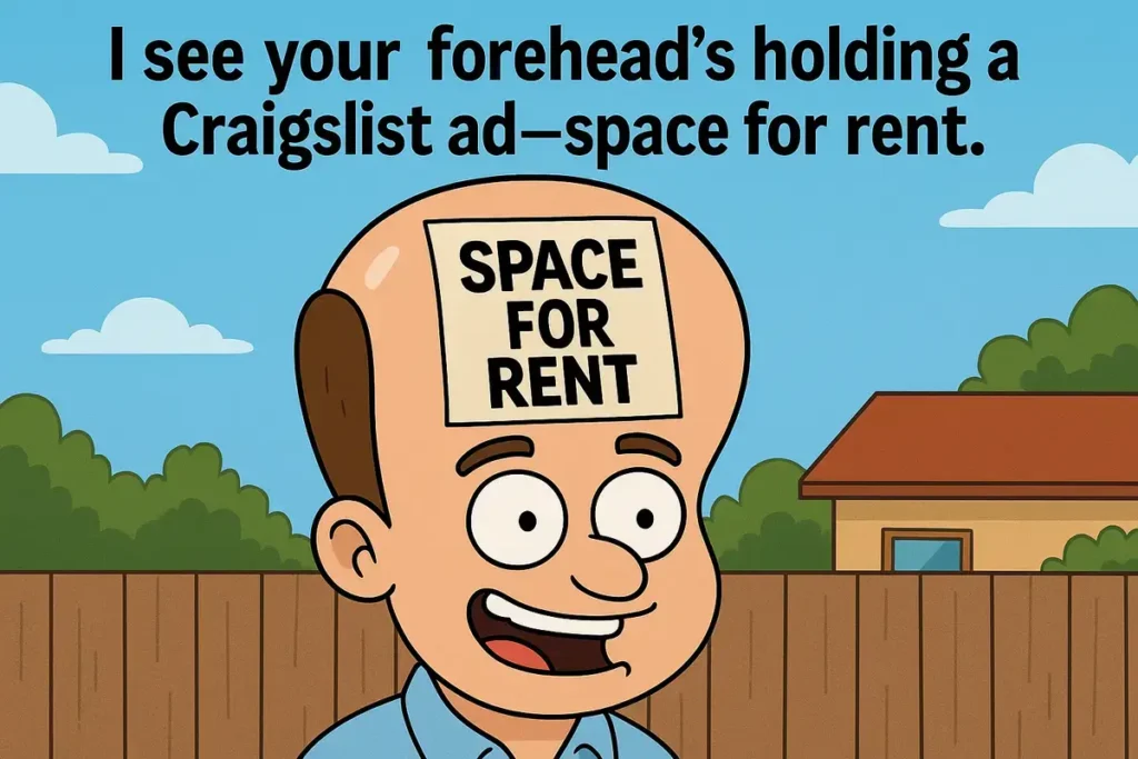 Cartoon roast for people with big foreheads with space for rent joke