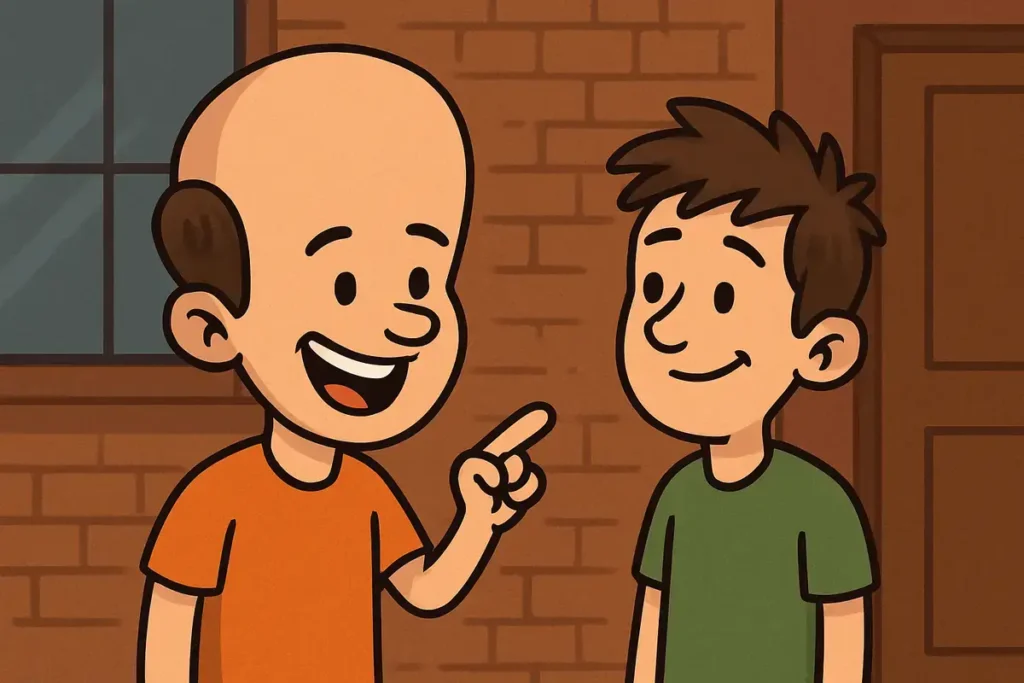 cartoon roast scene with big forehead character