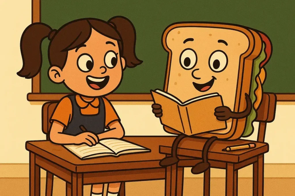 funny cartoon sandwich studying with schoolgirl