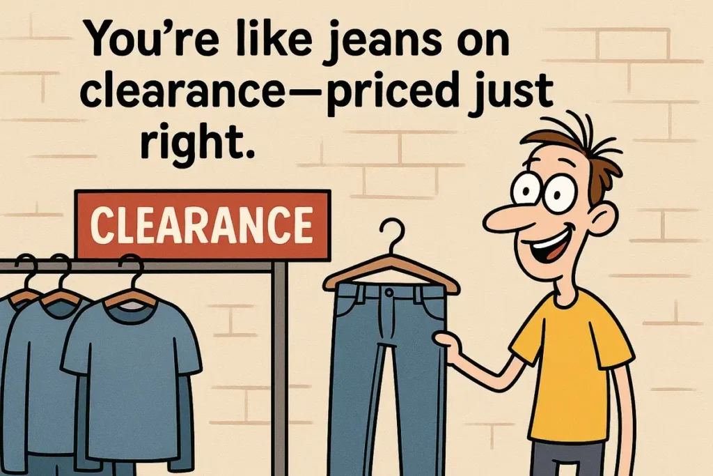 Funny cartoon joke on how to roast a skinny person using jeans on clearance line.