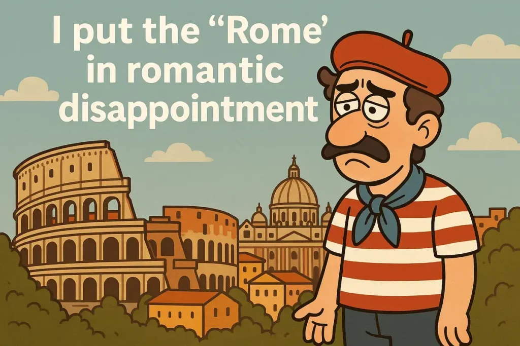 sad italian cartoon man in rome with pun text, hilarious italian jokes