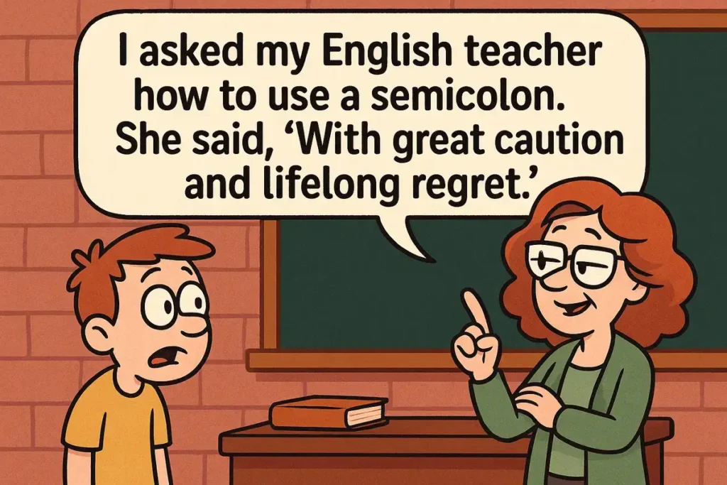 Cartoon student asking teacher about semicolon joke