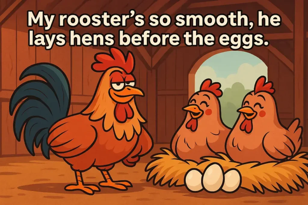 Confident rooster with hens in barn, funny chicken jokes illustration