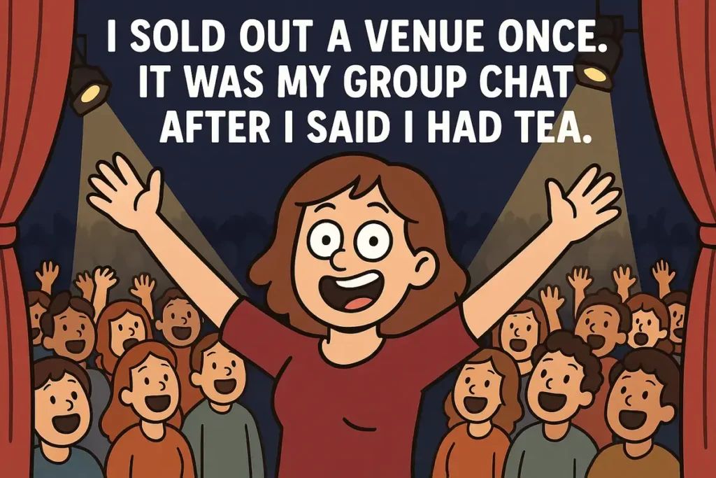 Cartoon woman on stage with crowd, joke about group chat tea