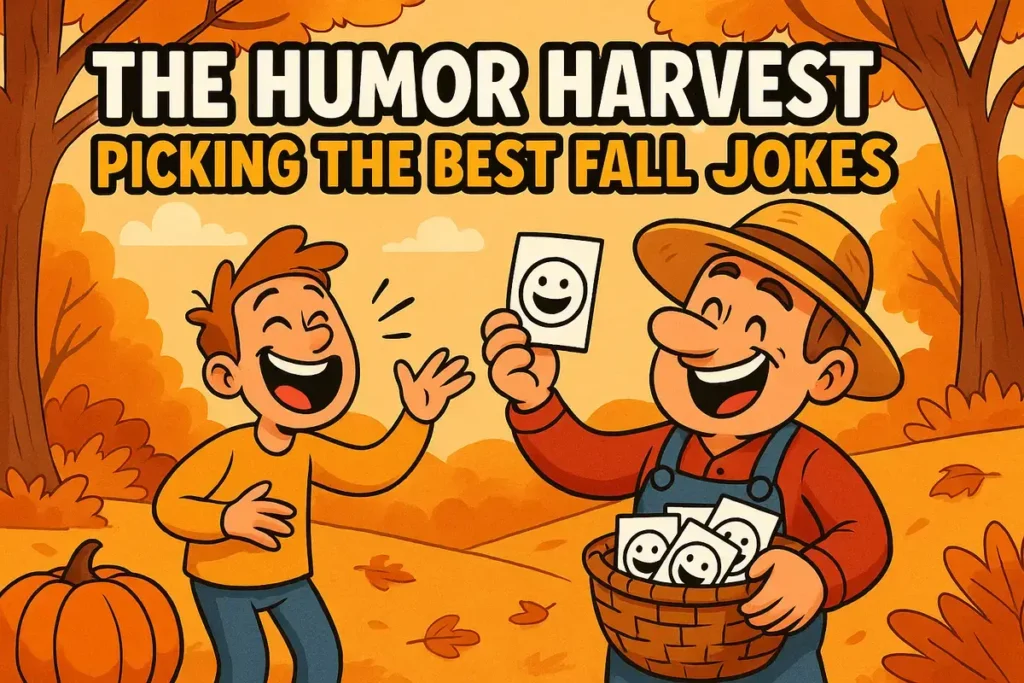 Cartoon fall scene with characters laughing and text "The Humor Harvest Picking the Best Fall Jokes"