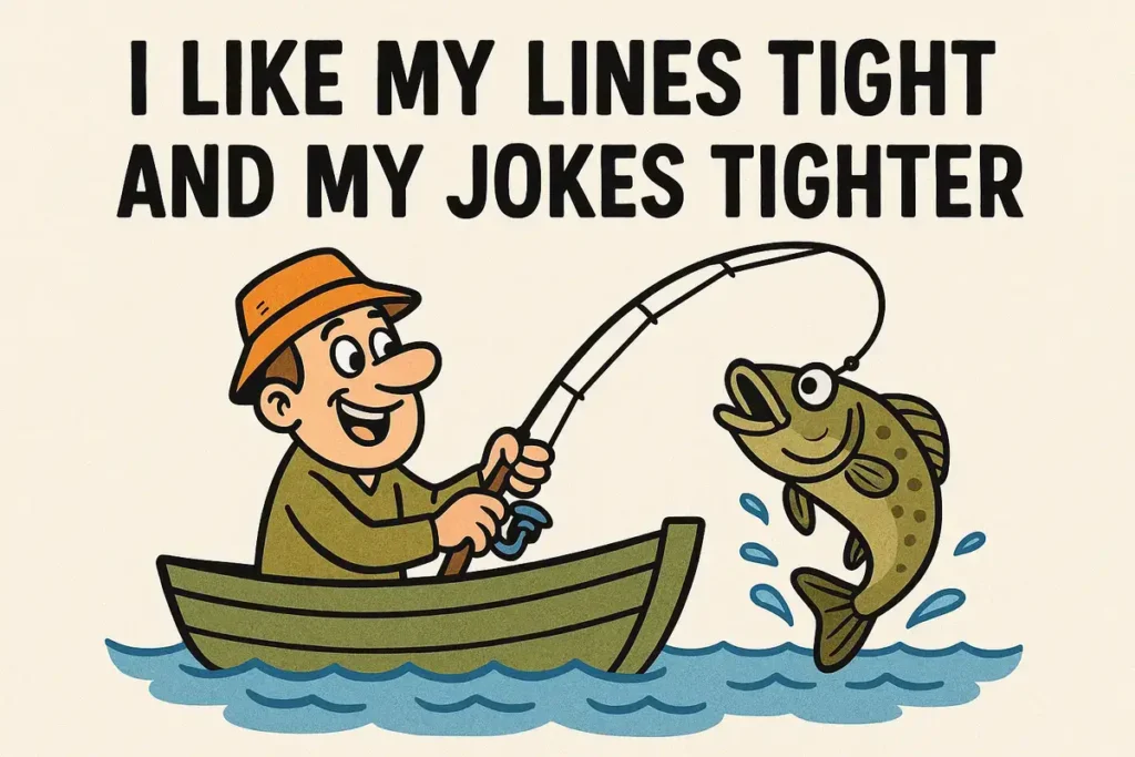 Cartoon fisherman reeling in fish with text "I like my lines tight and my jokes tighter" – best fishing jokes