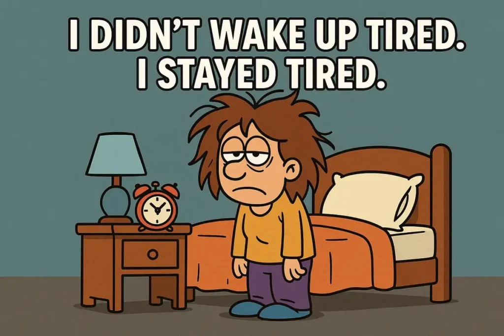 Funny cartoon of tired person in bedroom with text for Monday jokes