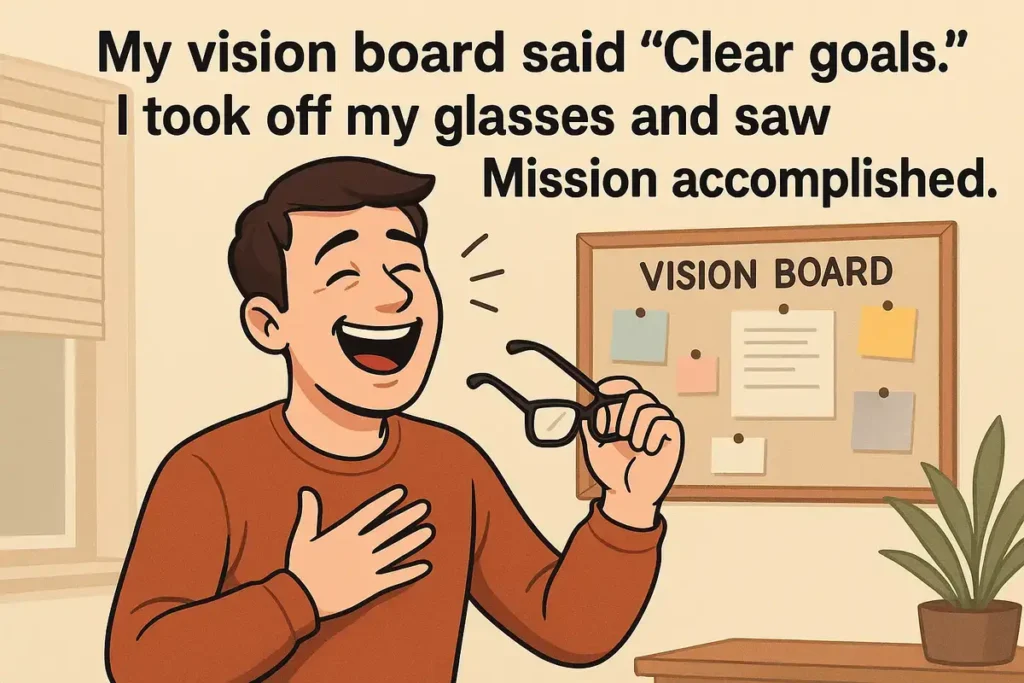 laughing man with glasses near vision board, top vision jokes collection