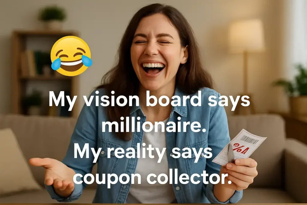 Laughing woman holding coupons with text "My vision board says millionaire. My reality says coupon collector" — part of top vision jokes collection.