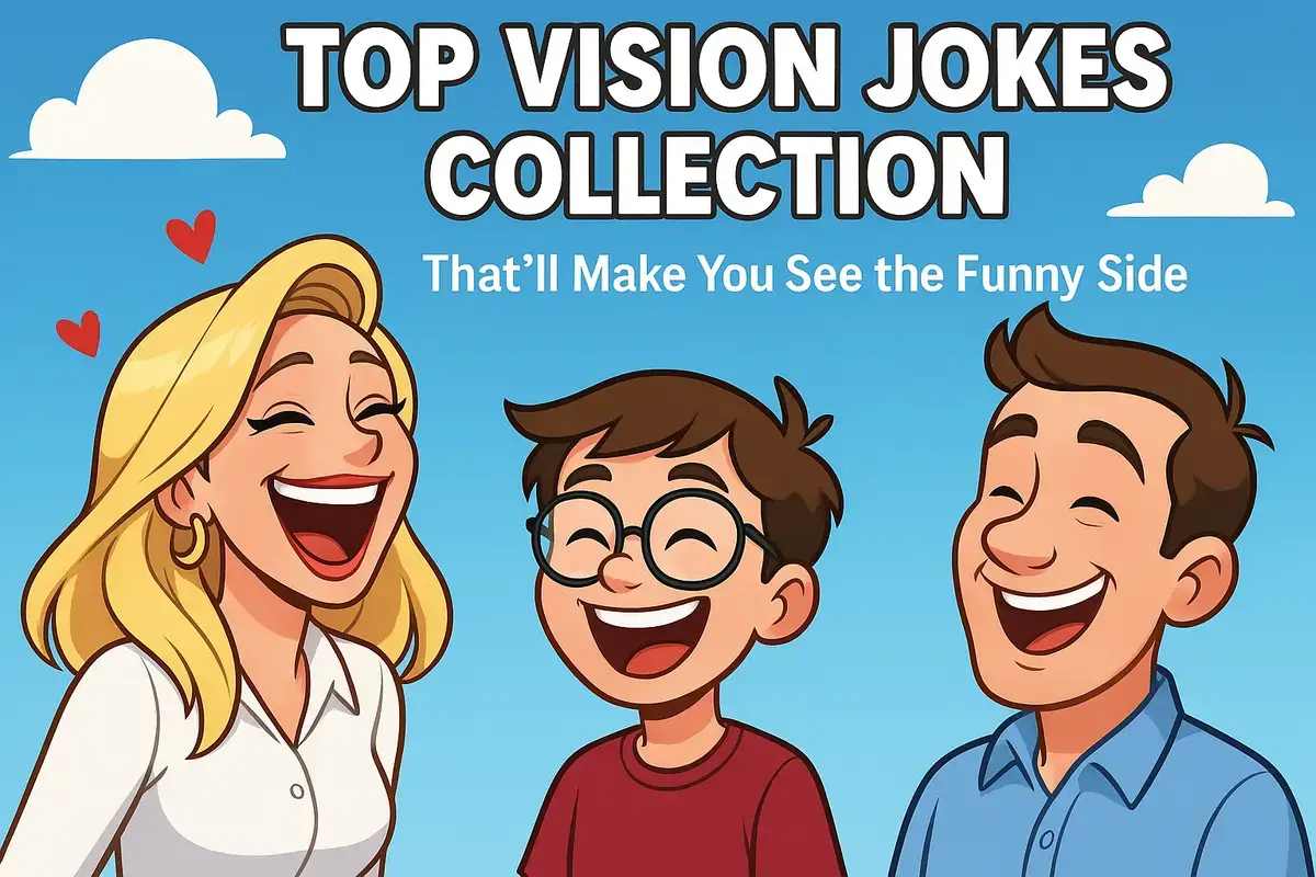 Top vision jokes collection cartoon image with laughing characters and funny vibe