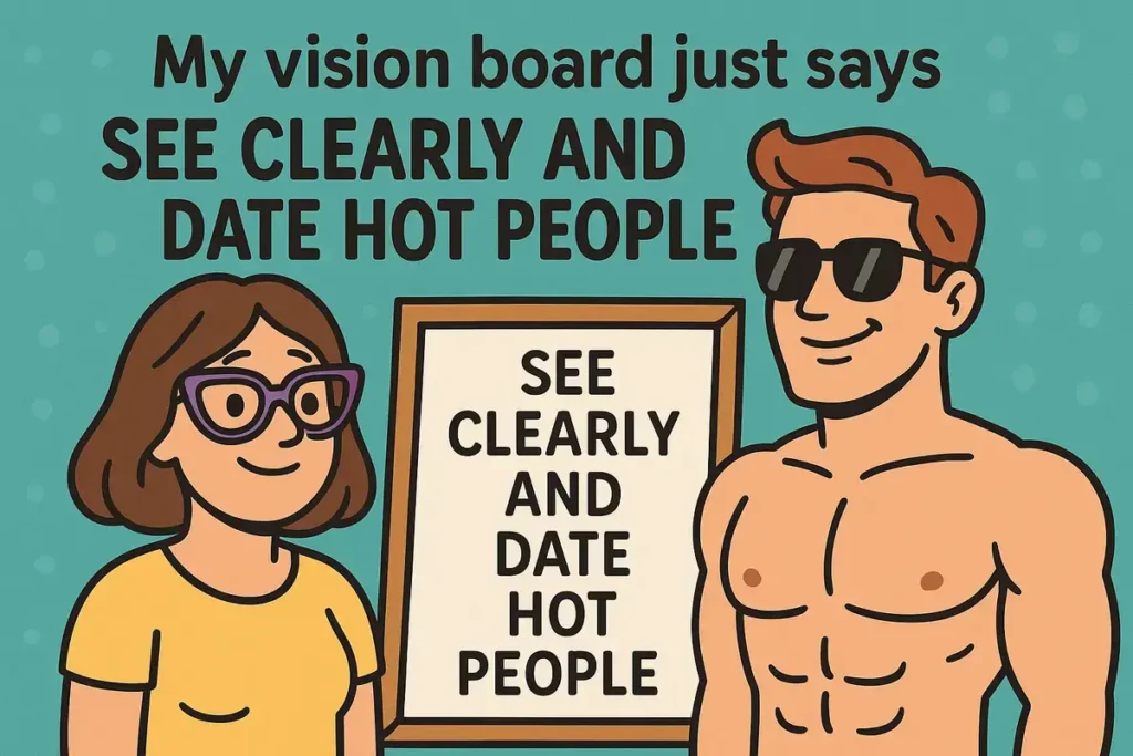 Cartoon vision board joke with glasses and hot guy