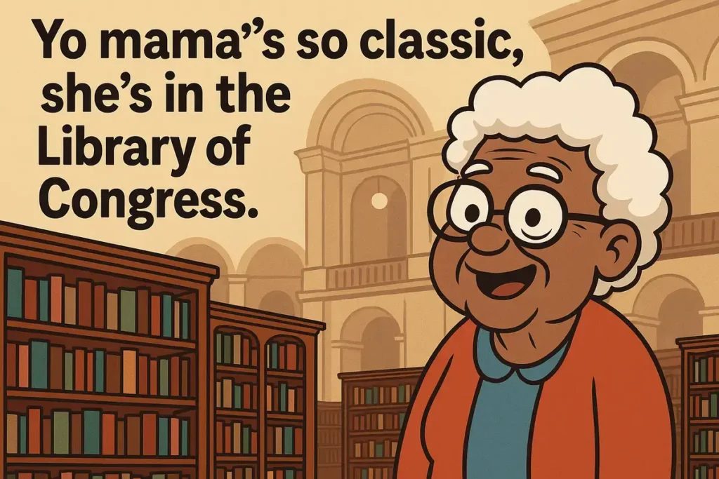 Cartoon grandma in Library of Congress with joke text