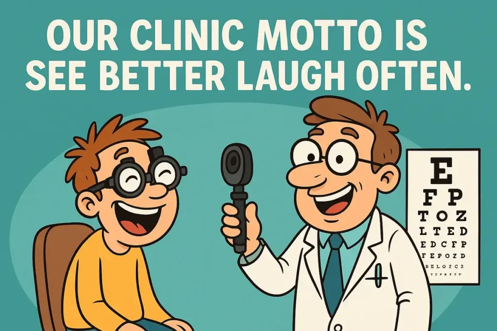 Funny eye doctor with motto 'See Better Laugh Often'