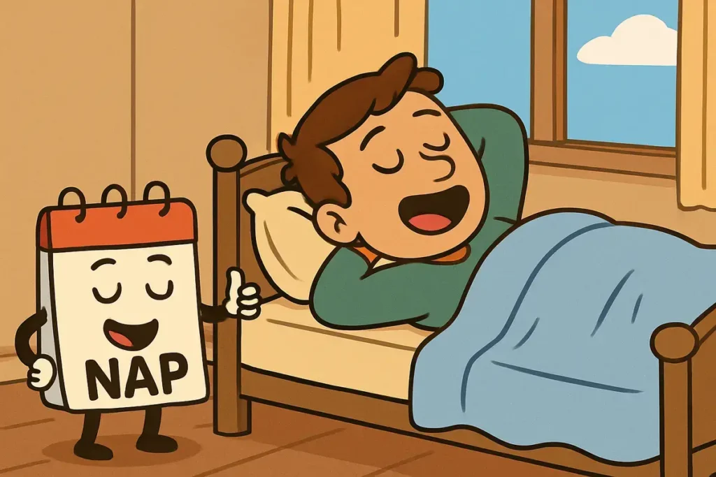 man napping with smiling calendar character