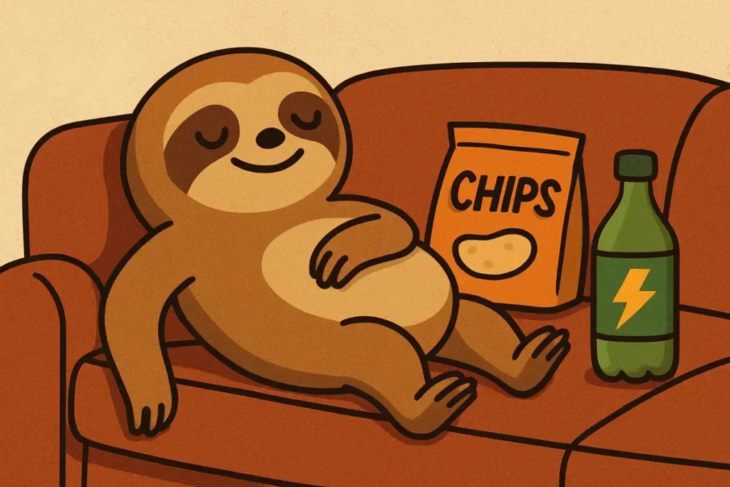 sloth relaxing with chips and soda