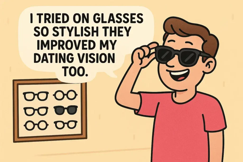 man trying stylish glasses with funny line about dating vision