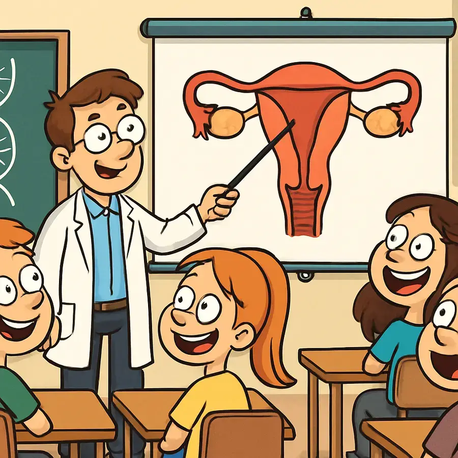 biology jokes cartoon of classroom with teacher explaining reproduction diagram to surprised students