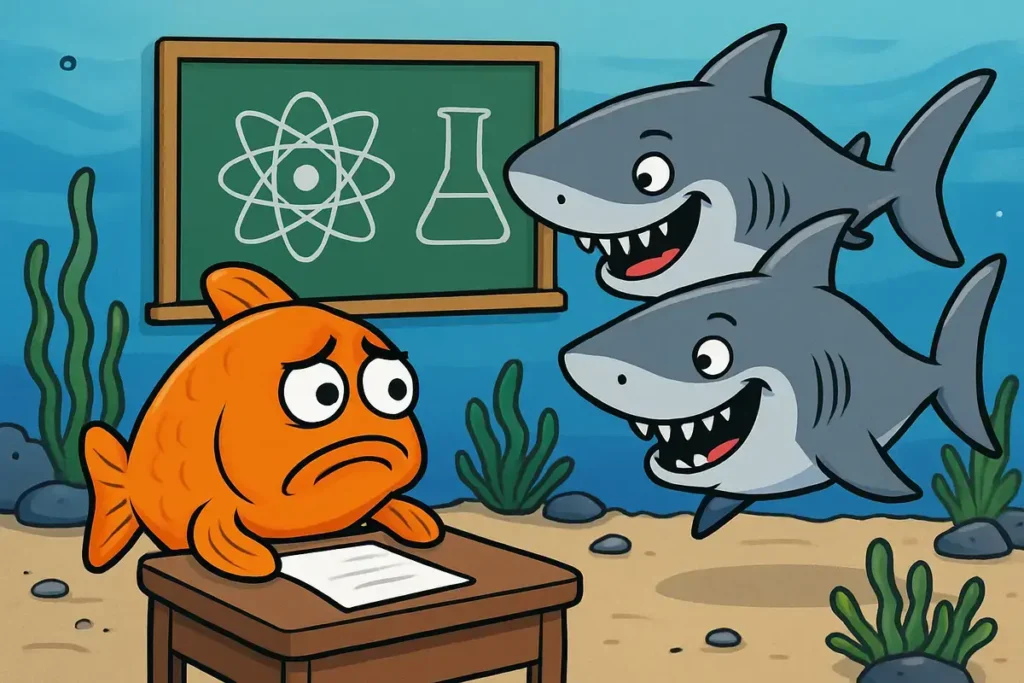 fish avoiding sharks in an underwater classroom