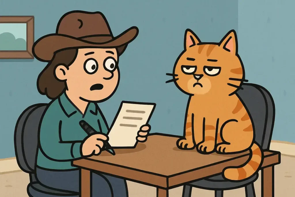 cat interviewing nervous person at table