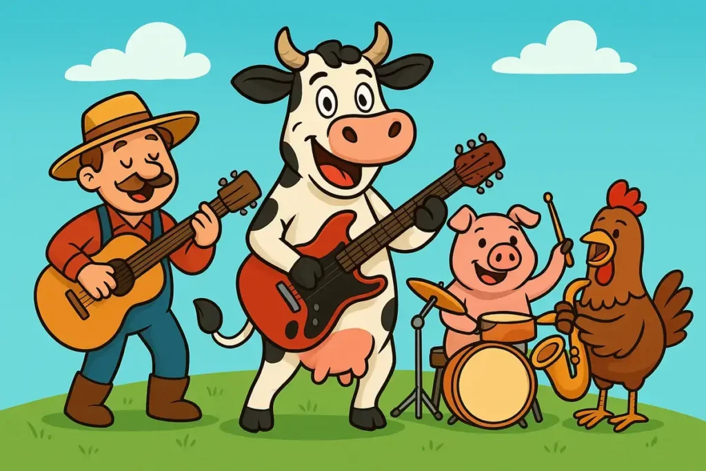 cow playing guitar in a farm band with pig, chicken and farmer – funny farmer jokes illustration