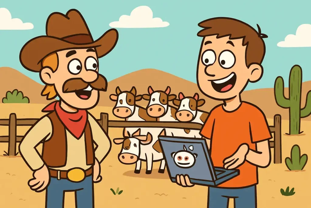 cowboy jokes cartoon of a cowboy learning to herd karma on Reddit at a ranch
