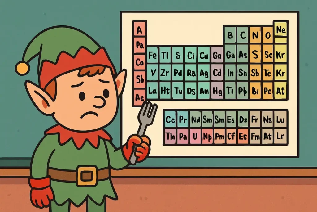 elf holding a fork confused by a periodic table as a dinner menu