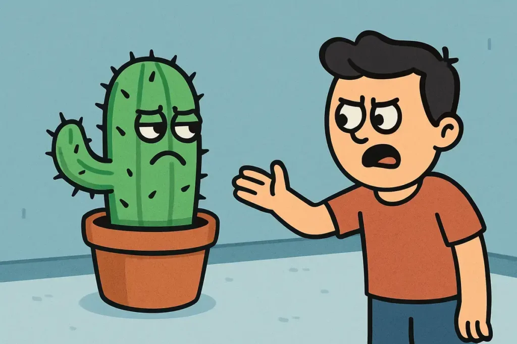 man and grumpy cactus in pot showing a humorous biology joke scene.