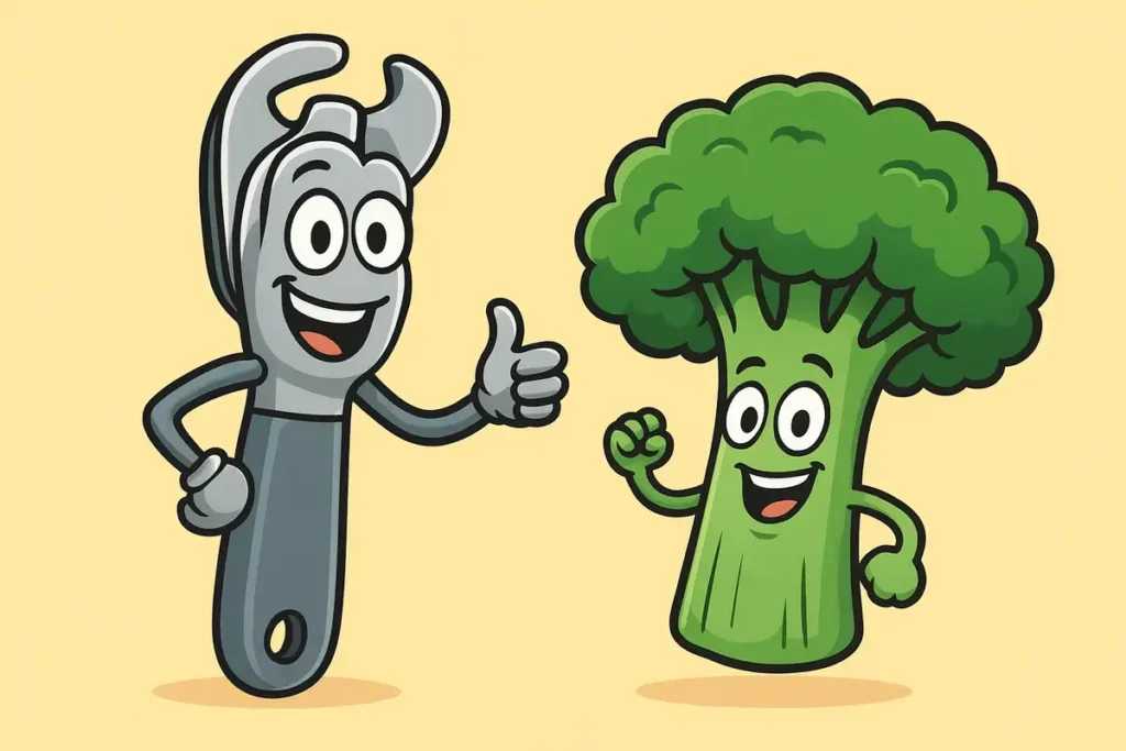 can opener giving thumbs up beside smiling broccoli
