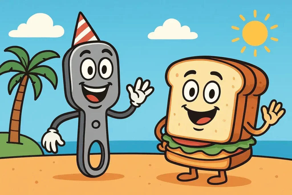 can opener and sandwich on holiday beach scene
