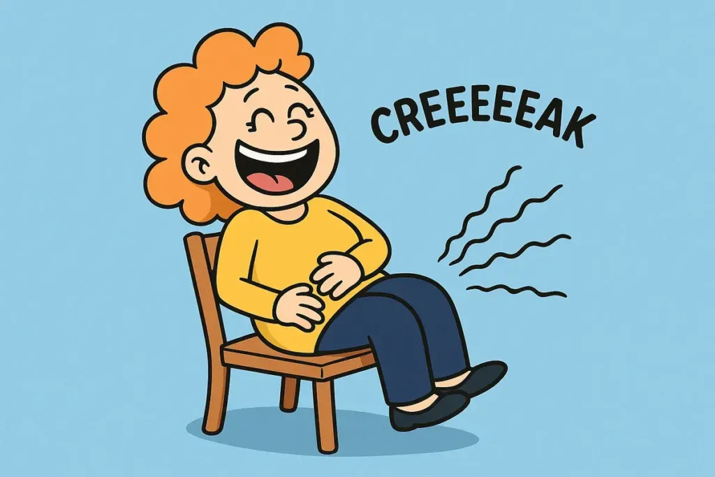 character laughing on a creaking chair, funny candice puns illustration