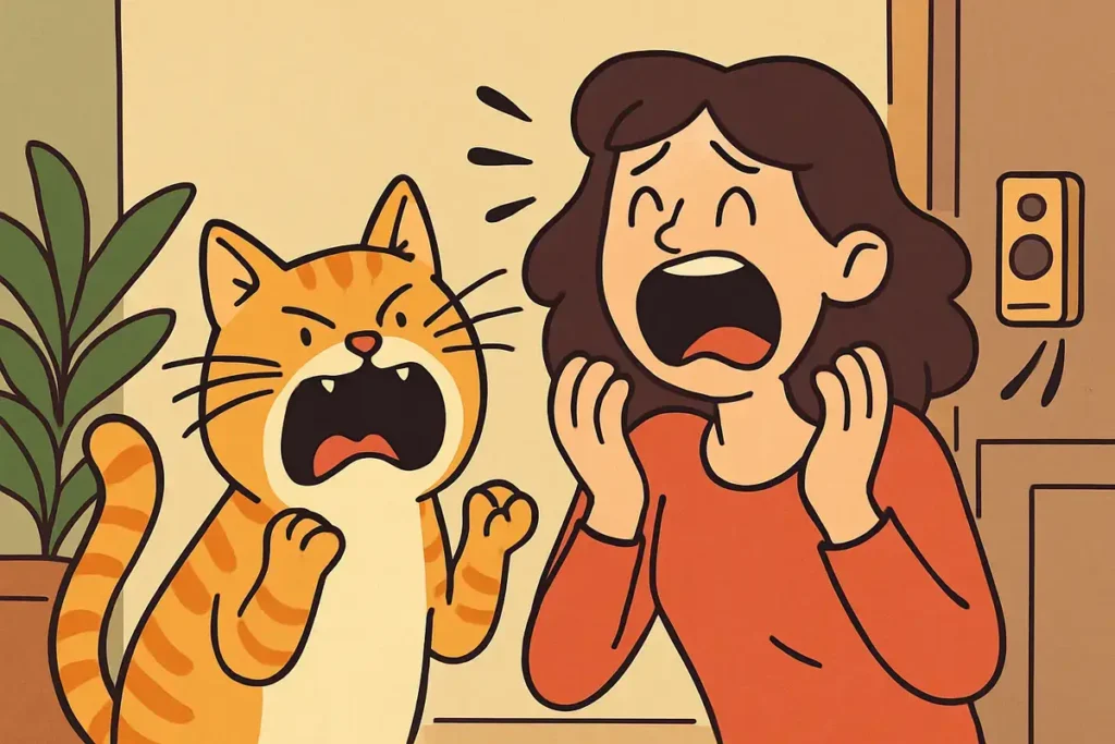 woman and cat screaming at doorbell